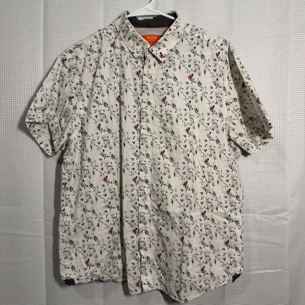 Tallia Sport Button‎ Down Shirt Mens XL White Hummingbird Floral Short Sleeve